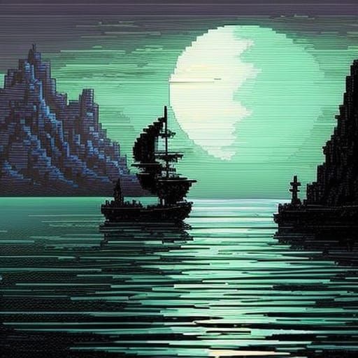 Moonlit Pirate Ship in Pixel Art Style