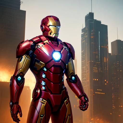 Heroic Iron Man in Sci-Fi Cityscape