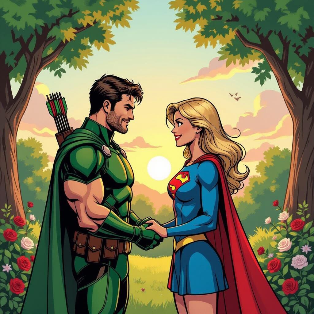 Green Arrow and Supergirl Wedding in Comic Art Style