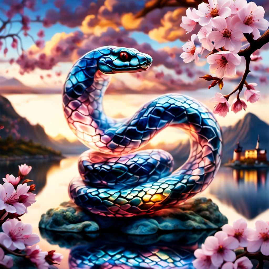 Glass Snake Coiled on Cherry Blossom Tree