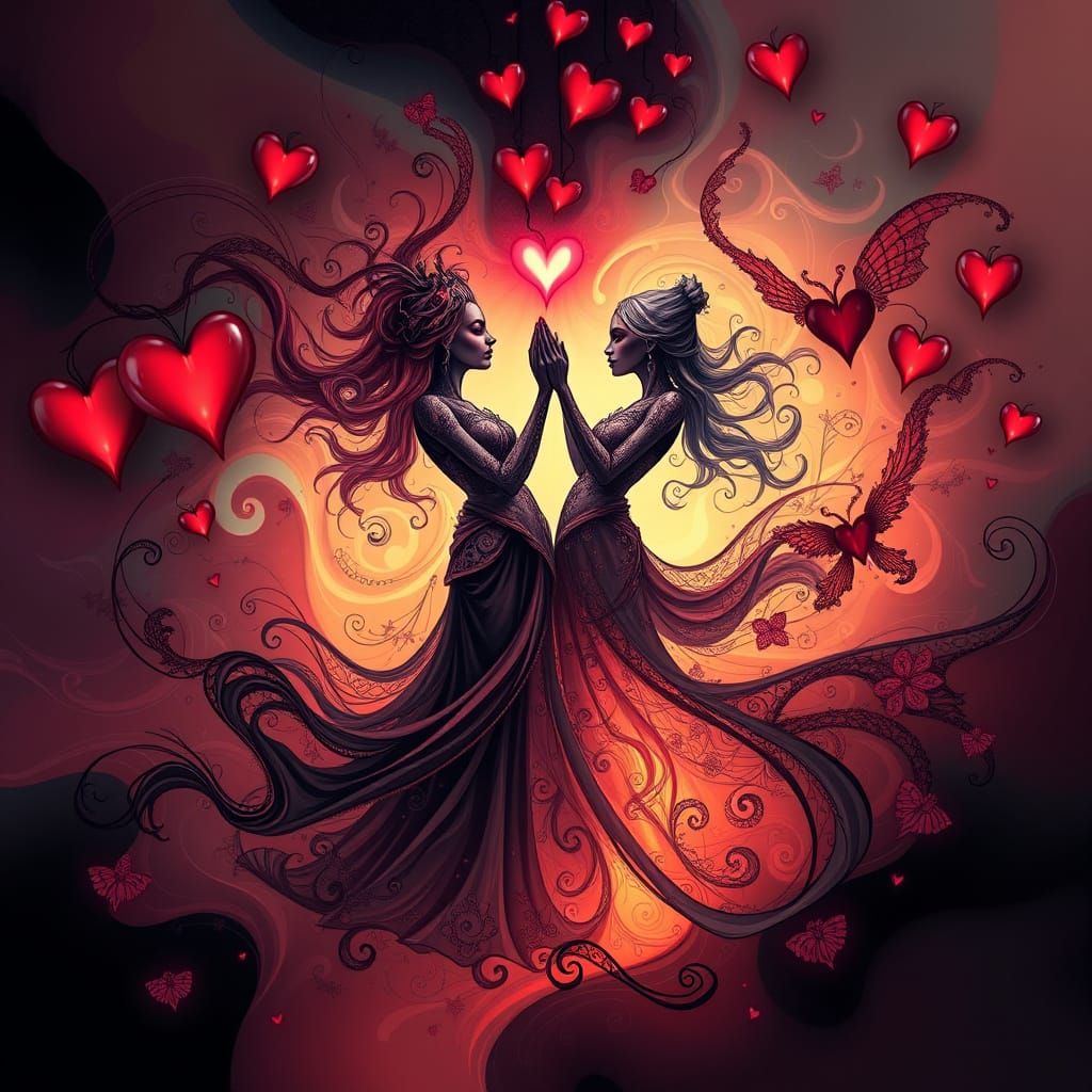 Abstract Digital Art: Dancing Sisters & Tormented Hearts