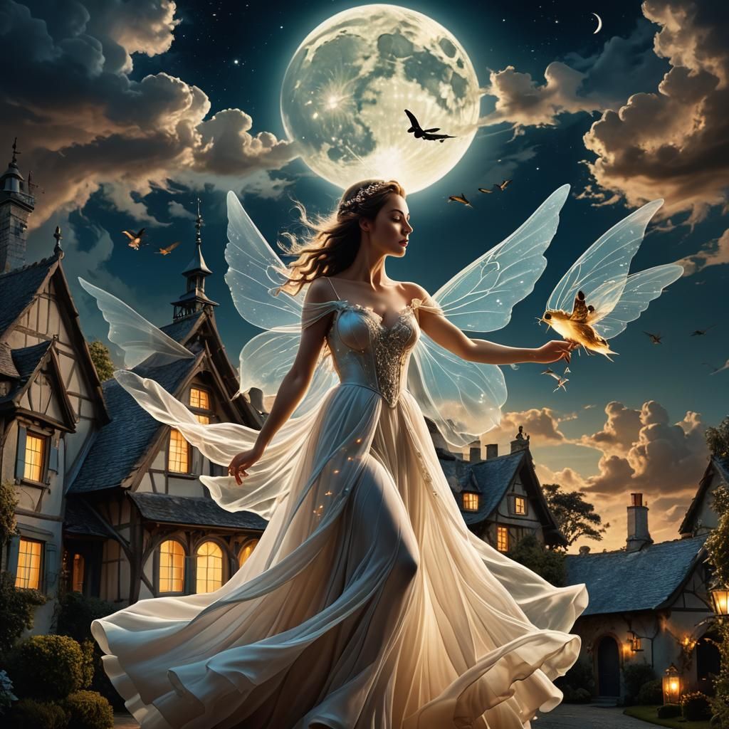 Ethereal Fairy Princess Above Moonlit Cottage in Baroque Sty...