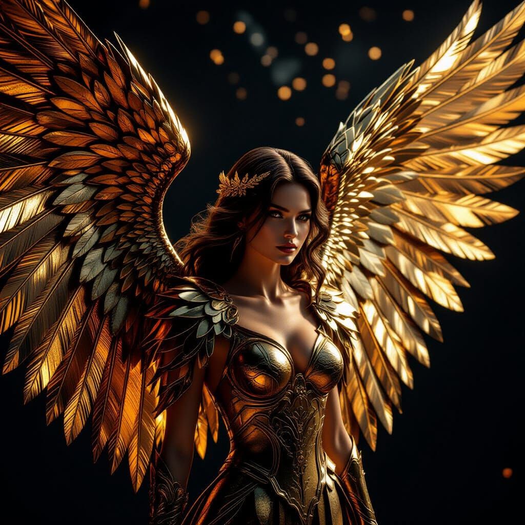 Angel with Gold and Bronze Wings in Dramatic Light