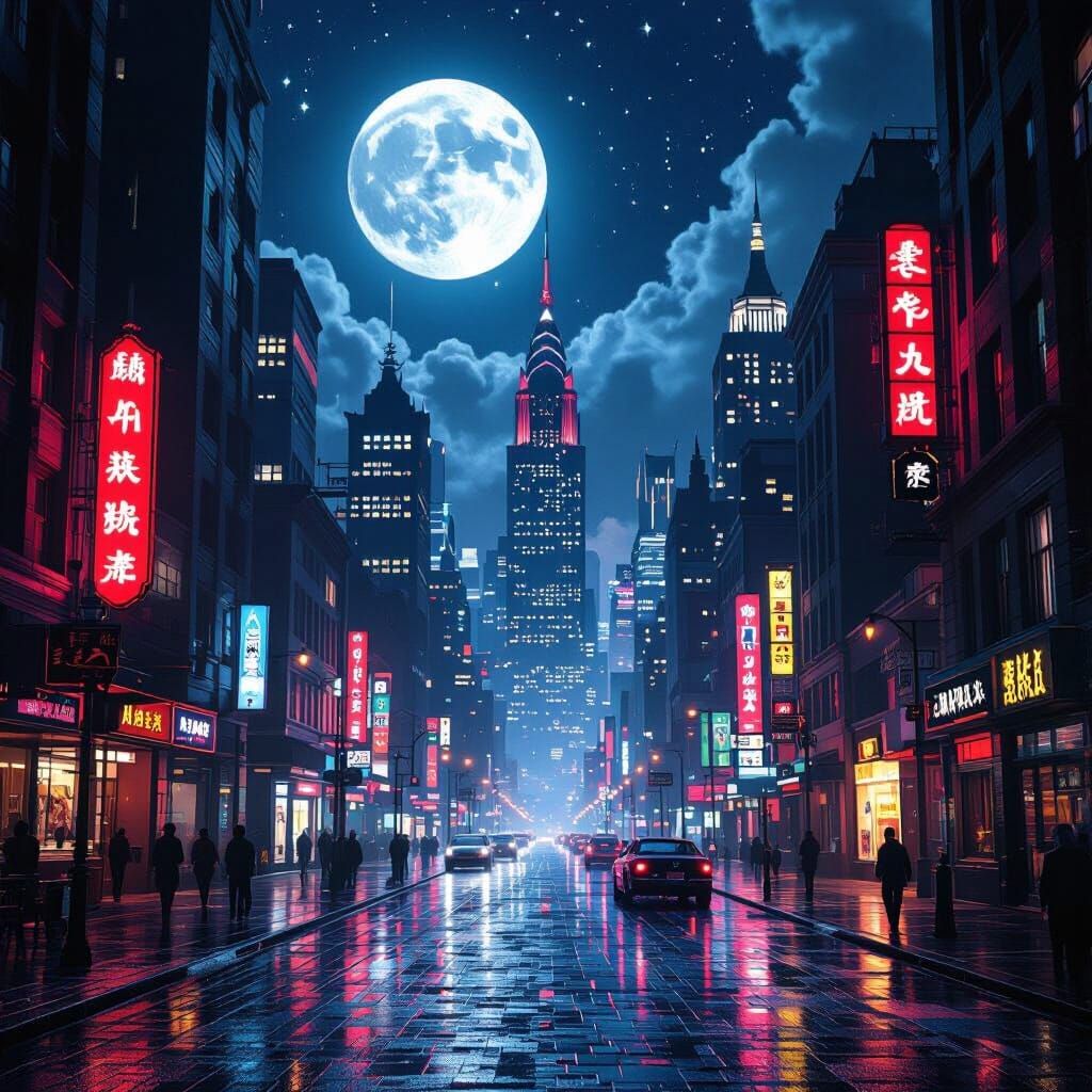 Midnight Cityscape with Neon Lights and Art Deco Towers