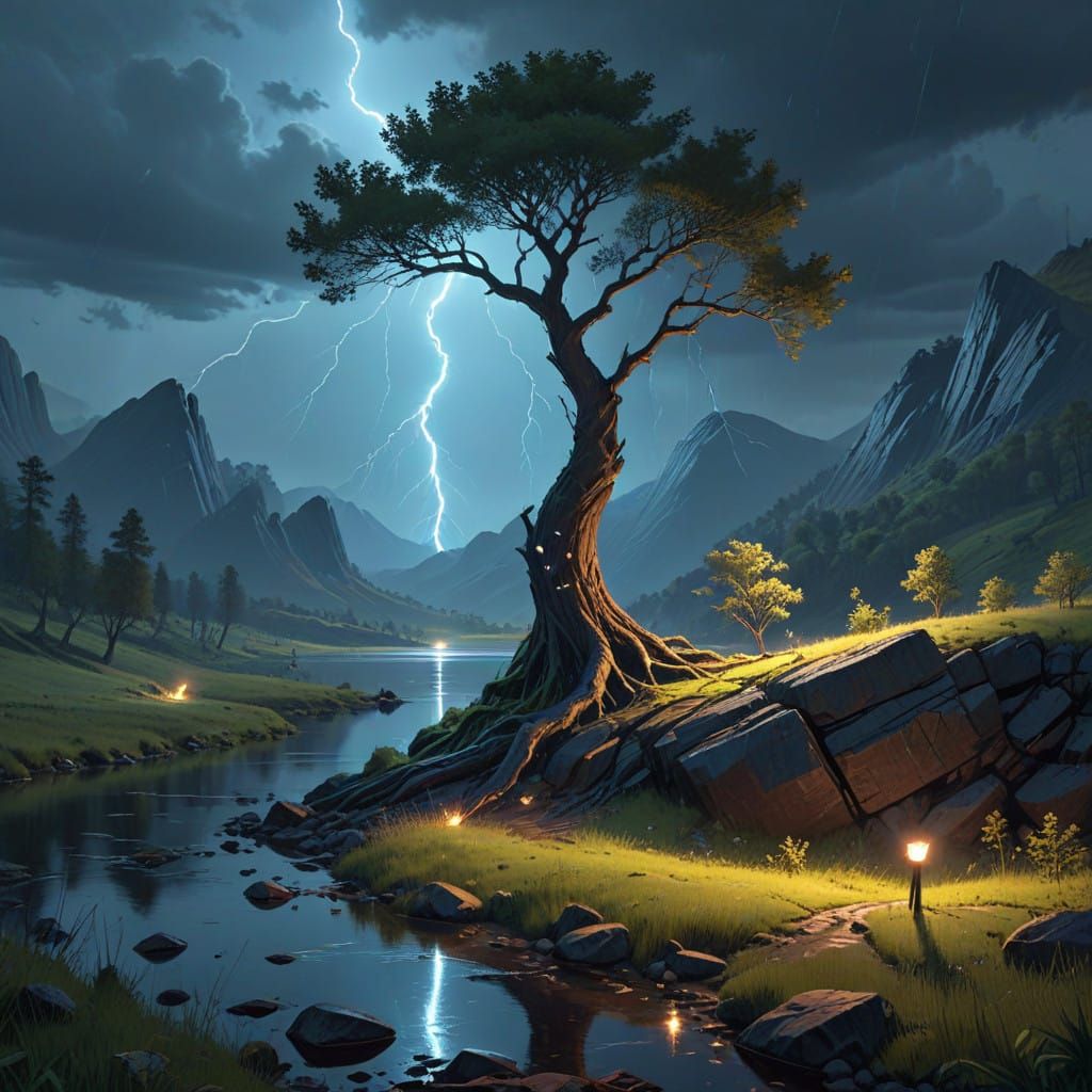 Dramatic Nighttime Scene of Tree Split by Hyperrealistic Lig...