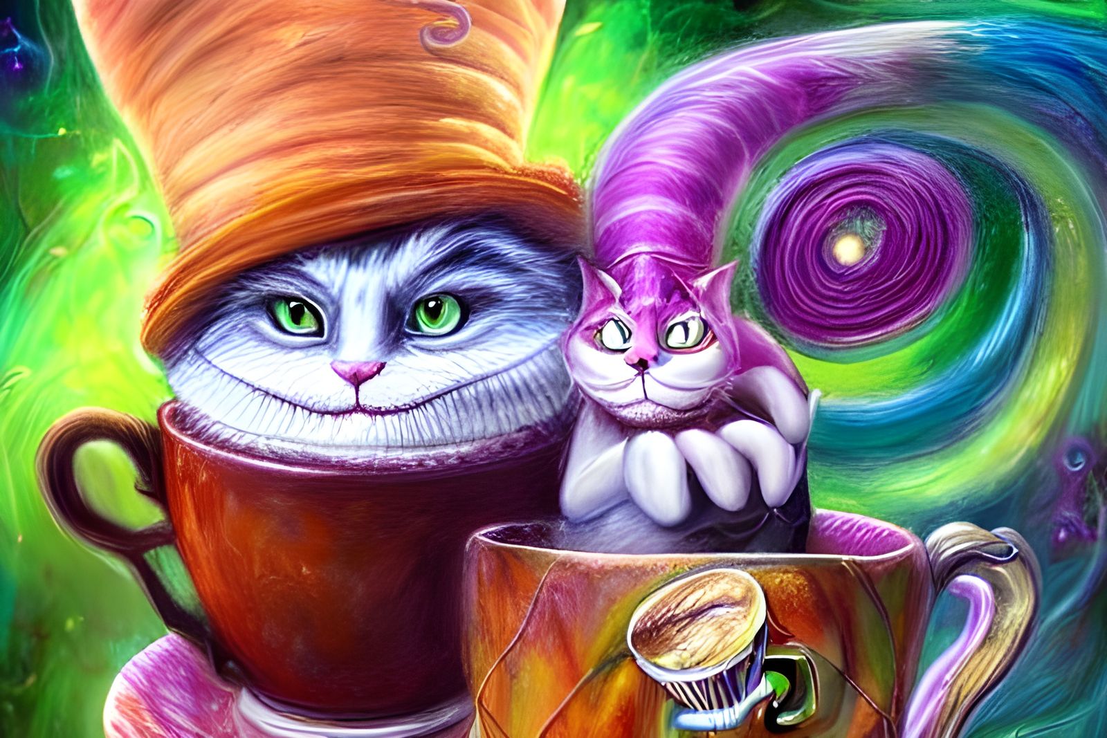 Cheshire Cat and Mad Hatter Share Coffee
