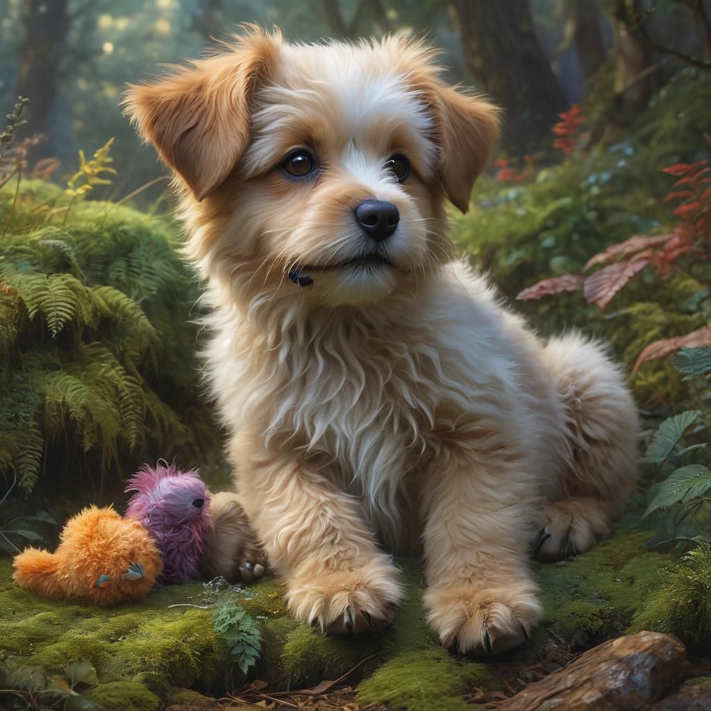 Enchanting Puppy Portrait in Ethereal Forest Scene