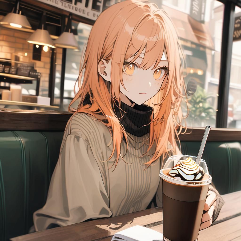 Girl with Peach Hair at Cafe Holding Coffee