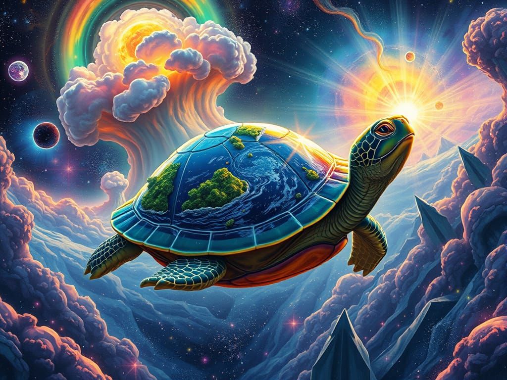 Cosmic Turtle Supports Vibrant Earth in Swirling Rainbow Cos...
