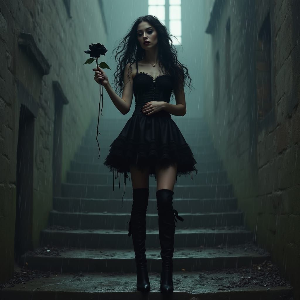 Gothic Woman in Rain at Abandoned Castle