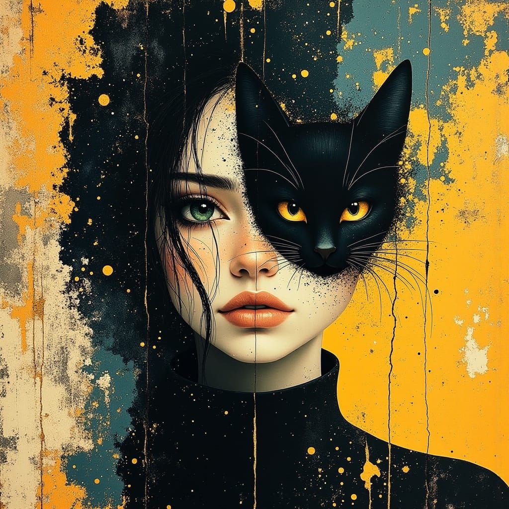 A woman with piercing green eyes, high cheekbones, and full lips, her dark hair flowing wildly around her face like a te...