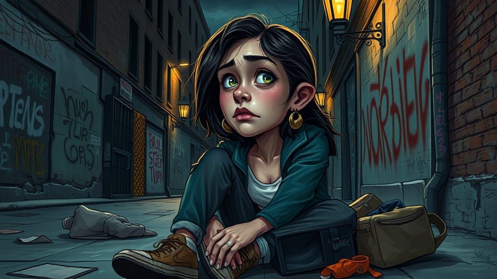 Gritty, Hyper-Realistic Portrait of a Homeless Woman in Urba...