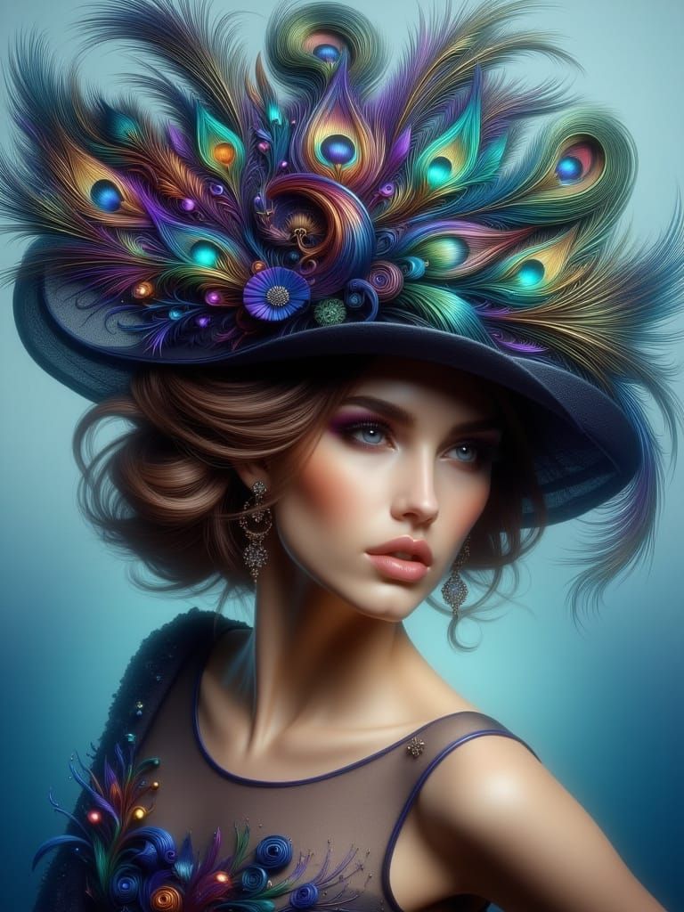 Woman in Elaborate Feathered Hat, Airbrush Art Style