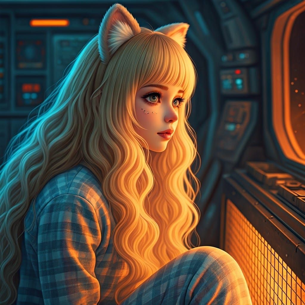 Blonde Woman with Kitty Ears in Spaceship