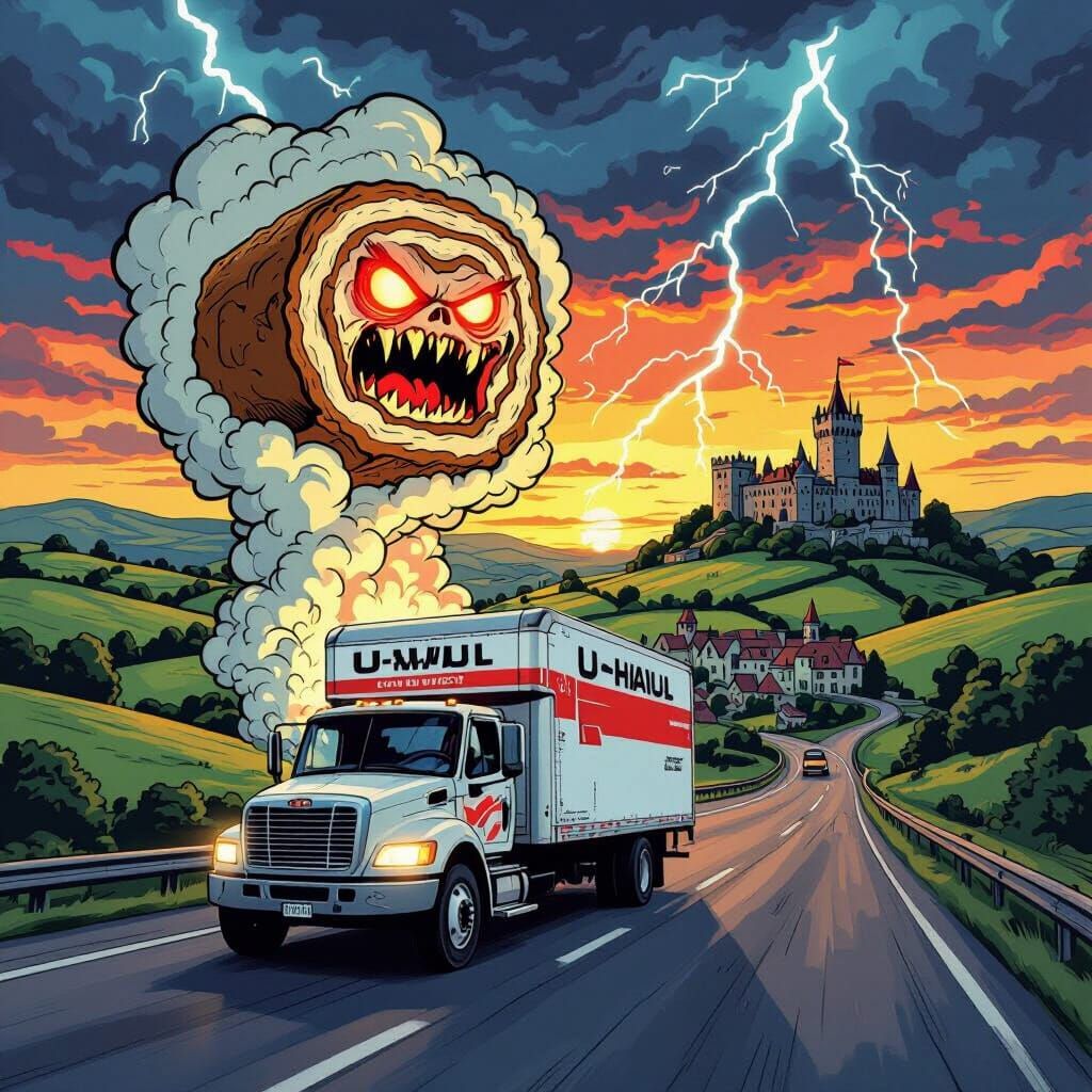 U-Haul Attacked by Giant Cake on English Highway