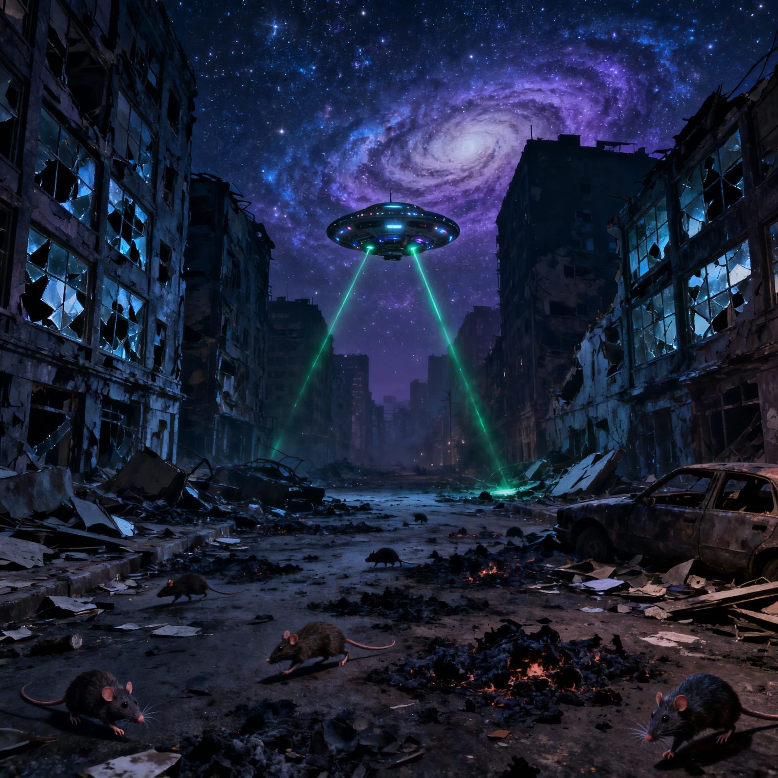 Destroyed Metropolis Under Galaxy Sky with Alien Spaceship