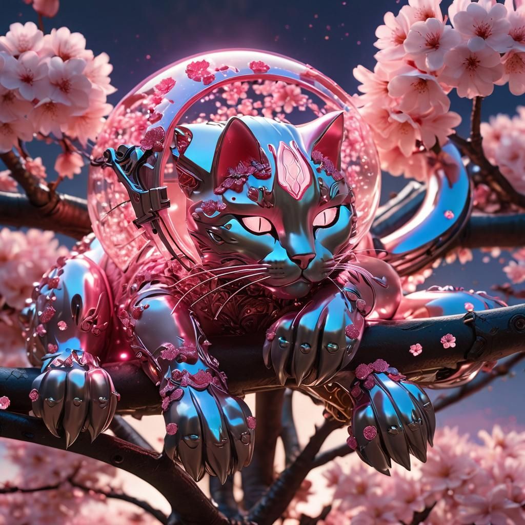 Cyborg Cat in Alien Cherry Blossoms