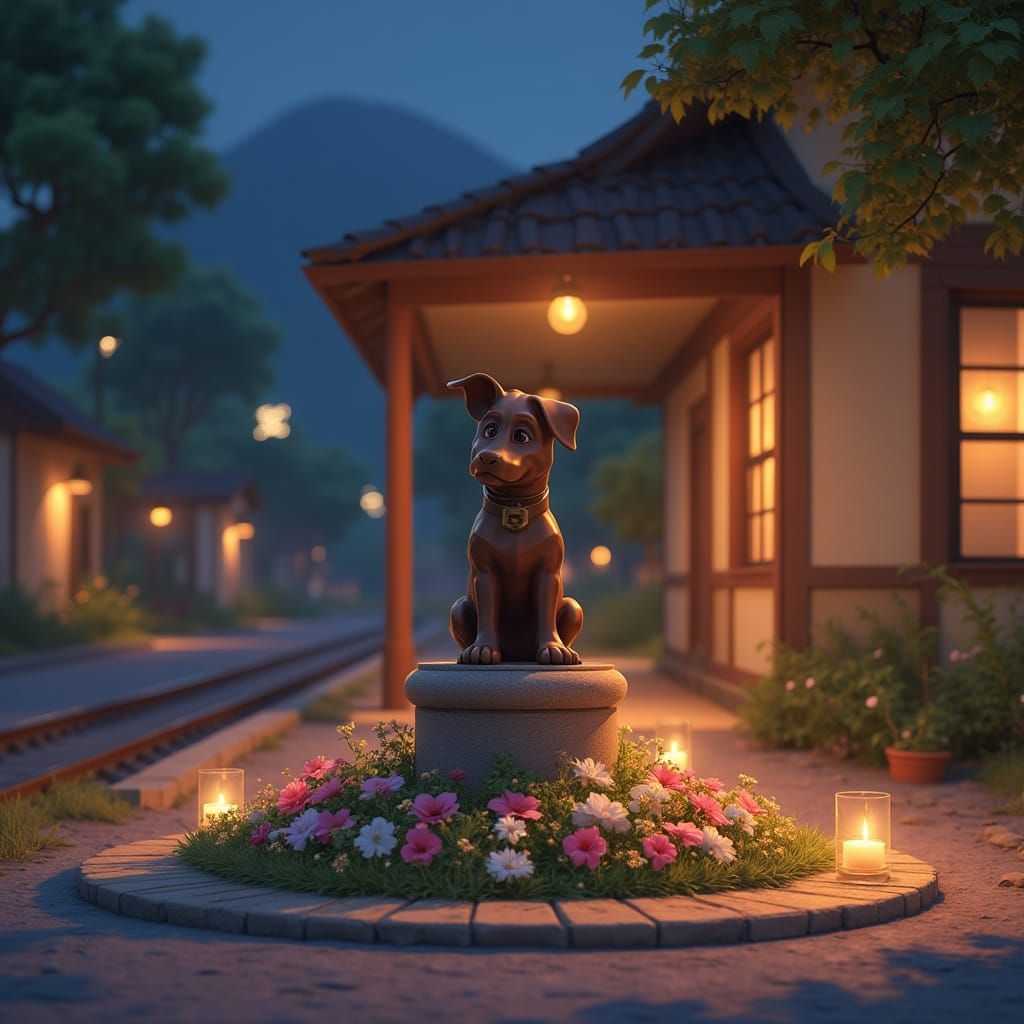 Pixar-Style Railway Station with Dog Statue