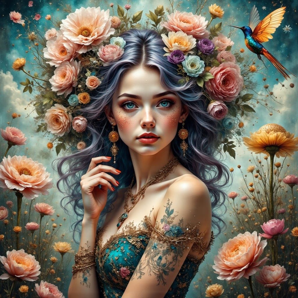 Surreal Garden Woman with Blooming Hair