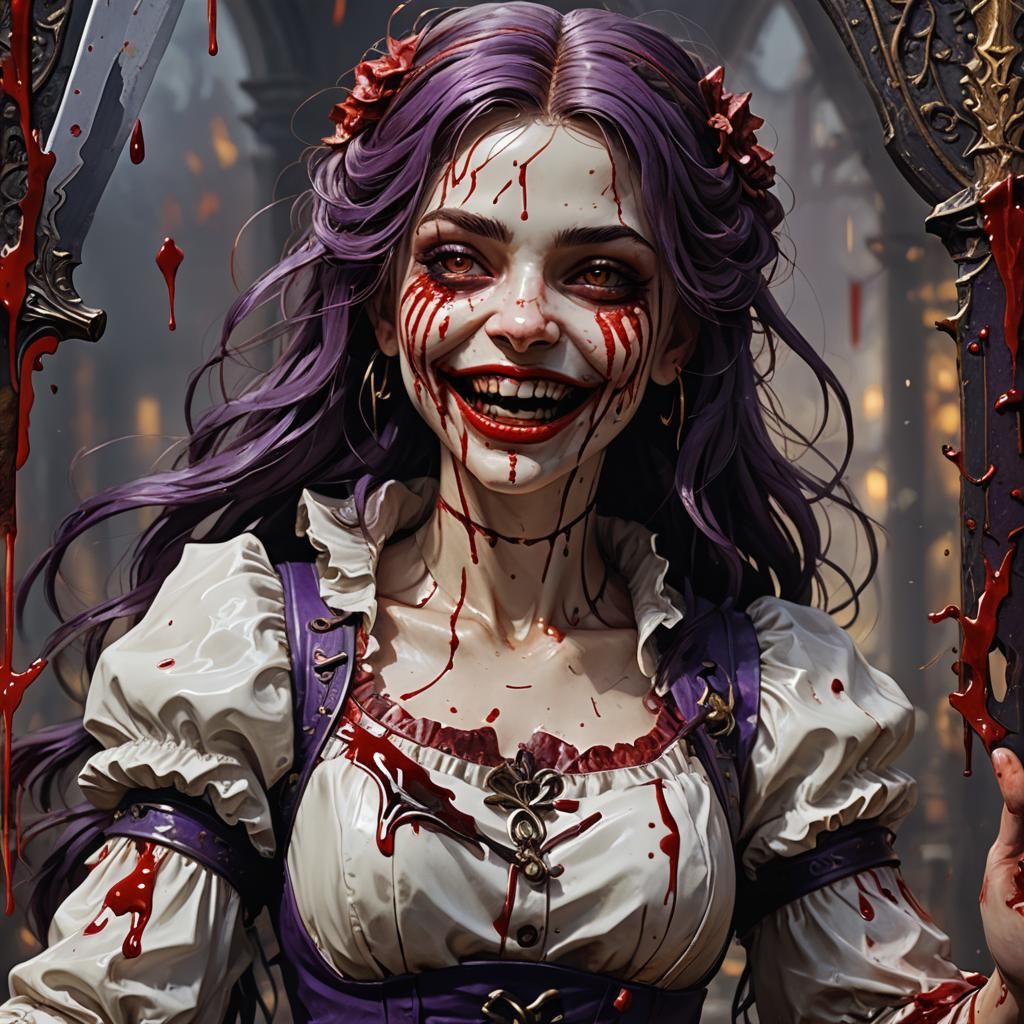 A beautiful porcelain girl doll splashed with blood and smil...