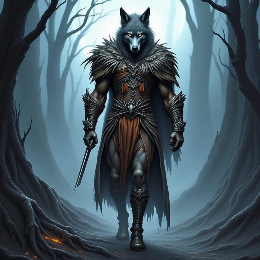 Wolf Warrior in Misty Forest: Fantasy Artwork