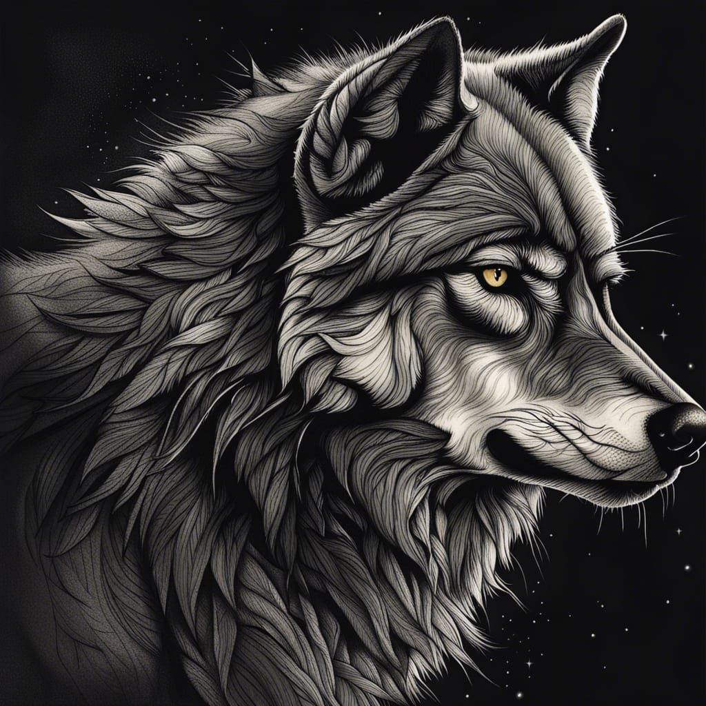 Striking Ink Drawing of a Lone Wolf in Moonlight