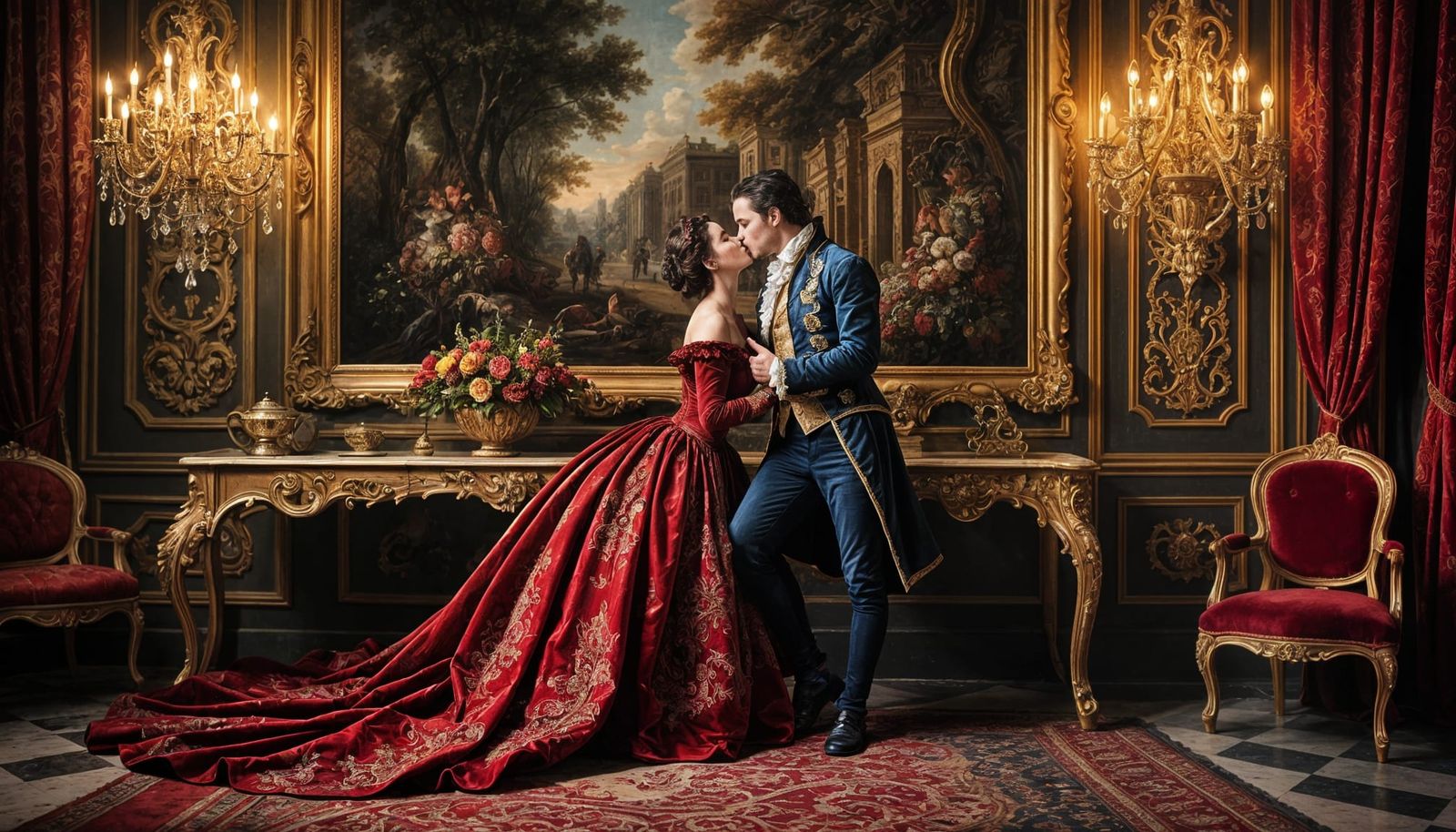 Elegant Victorian Couple Share a Passionate Kiss in a Grand ...