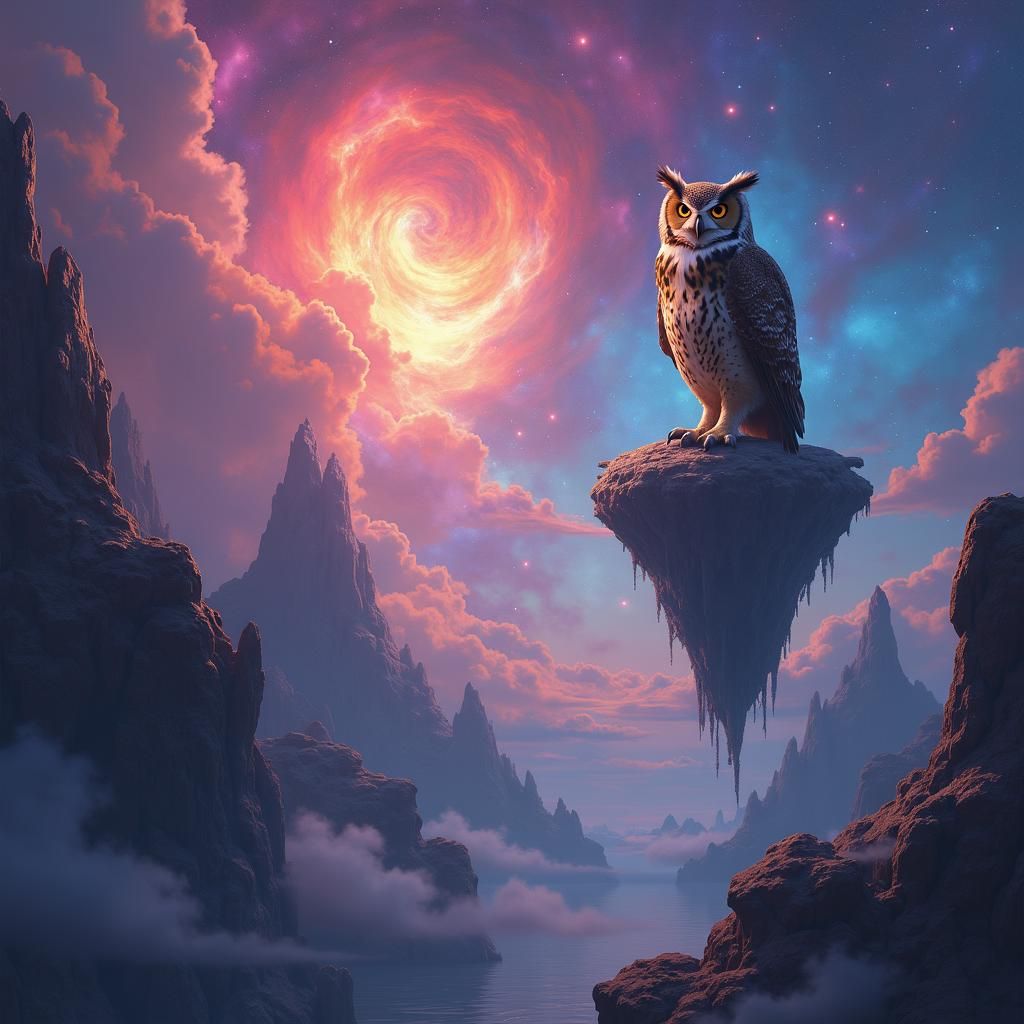 Owl Perched in Vibrant Multi-Colored Nebula