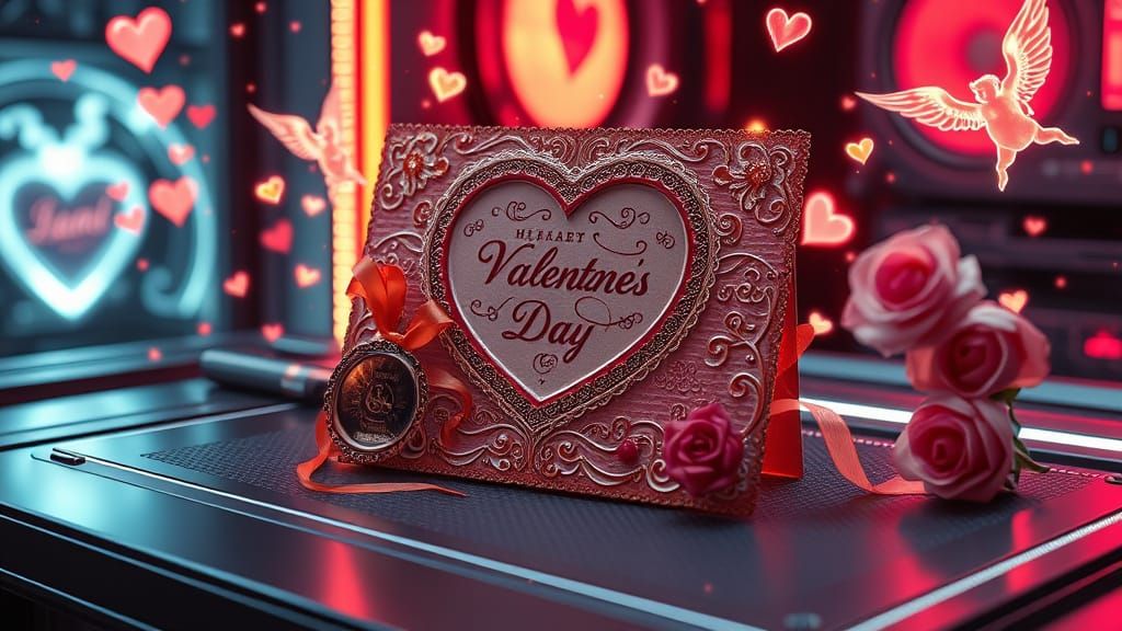 Romantic Holographic Valentine's Day Card in Vintage Futuris...