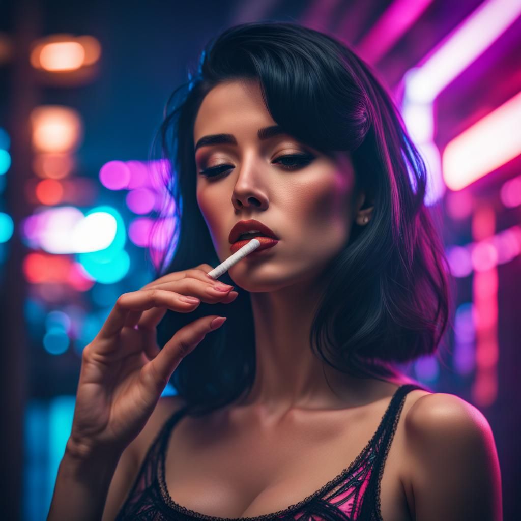 Synthwave Girl Smoking Cigarette in Hyperrealistic Style