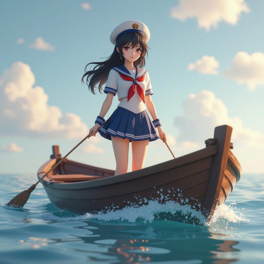 Anime Girl on Boat in Detailed 3D Style