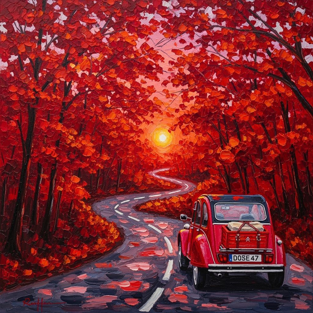 Vintage Car on Forest Road in Expressionist Style