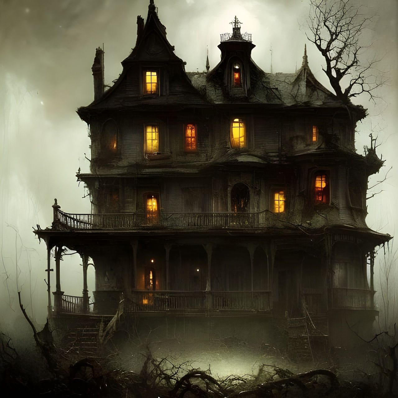 Sinister Derelict House at Night: A Digital Illustration