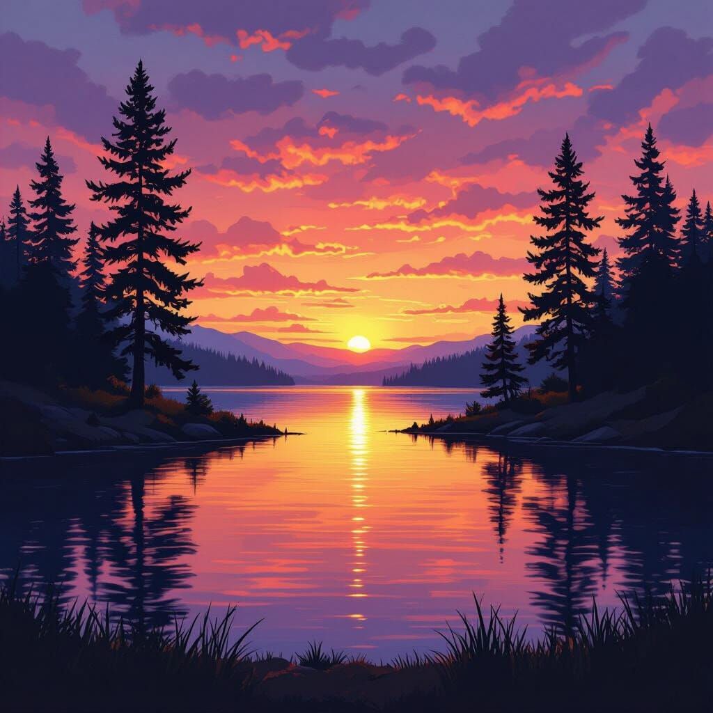 Serene Lake Sunset Panorama in Painterly Style