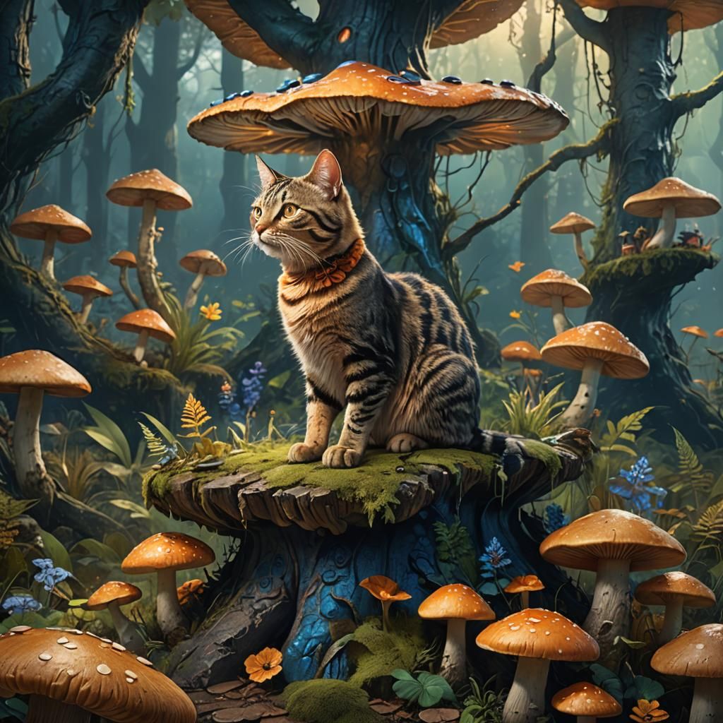 Tabby Cat King on Mushroom Throne in Fantasy Art