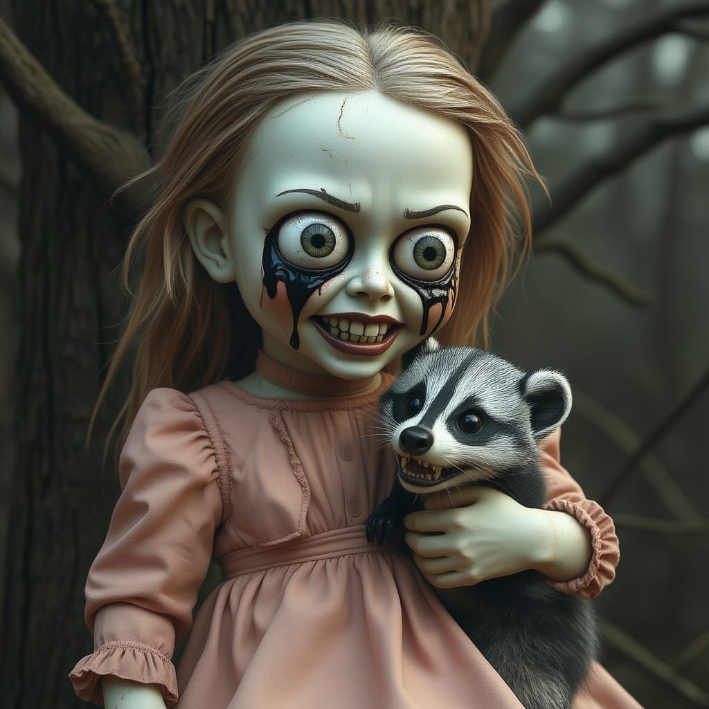 Grimacing Doll Hugs Adorable Badger in Dark Matte Painting