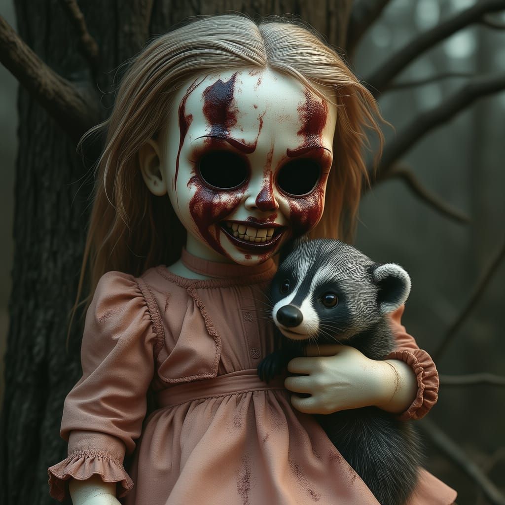 Grimacing Doll Hugs Cute Badger in Dark Forest