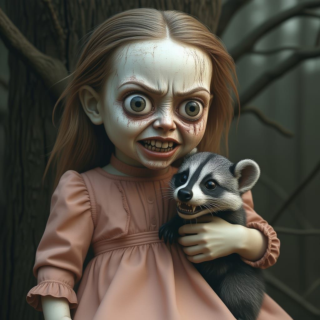 Grim Doll Hugs Adorable Badger in Dark Digital Painting