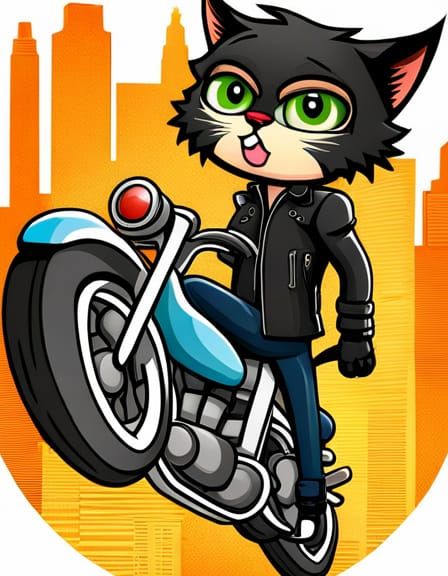 Cartoon humanoid cute black kitten Murzik in a leather jacket, ripped skinny jeans, leather boots, riding a black and ye...