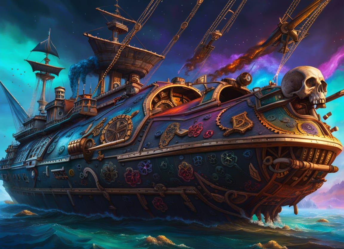 Hyperrealistic Steampunk Pirate Spaceship Concept Art