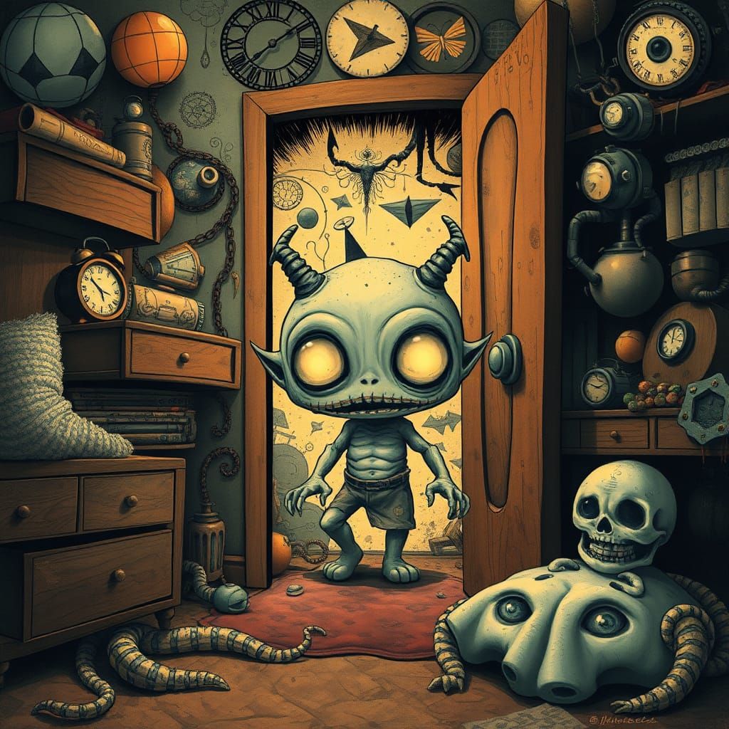 Chibi Monster Emerges in Dystopian Art Deco Bedroom