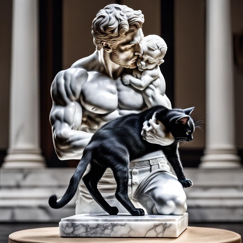 Marble Roman Statue: Man and Kitten