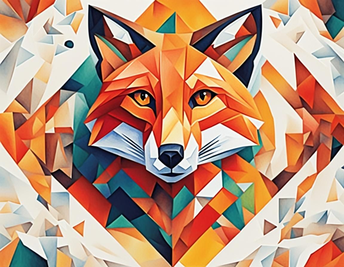 Cubist Watercolor Fox on White Background