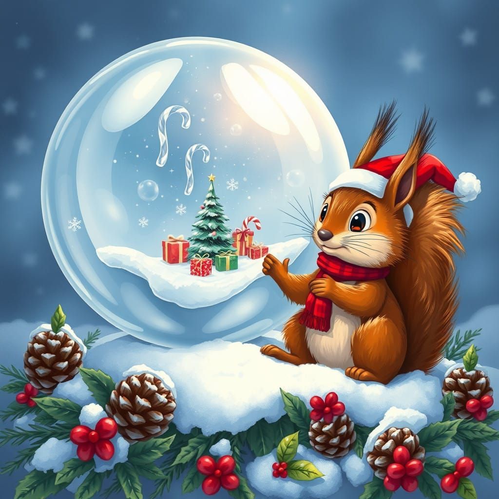 Gigantic Squirrel in Whimsical Winter Wonderland Scene