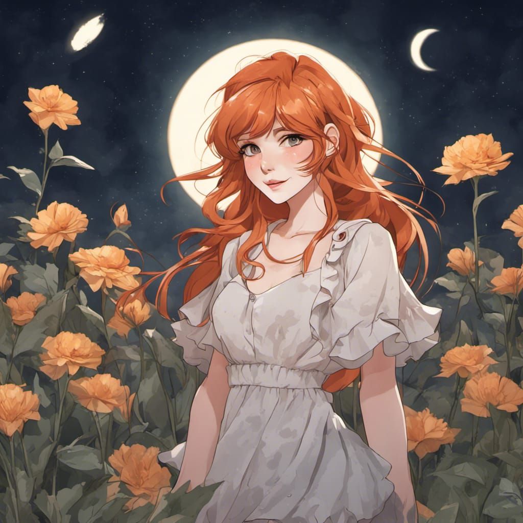 Adorable ginger Fox-girl VIXEN, at night, eclipse moon, flower fields background