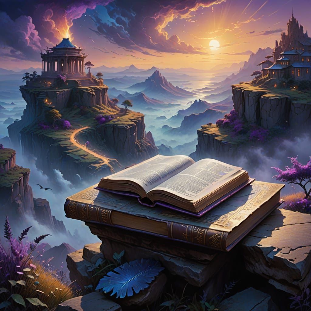 Ethereal Fantasy Realm Within Ancient Leather-Bound Tome