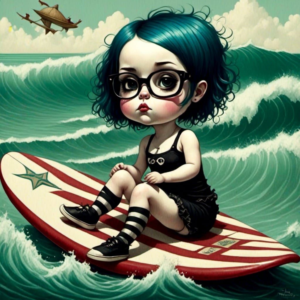 Goth Emo Girl Surfing in Pop Surrealist Style