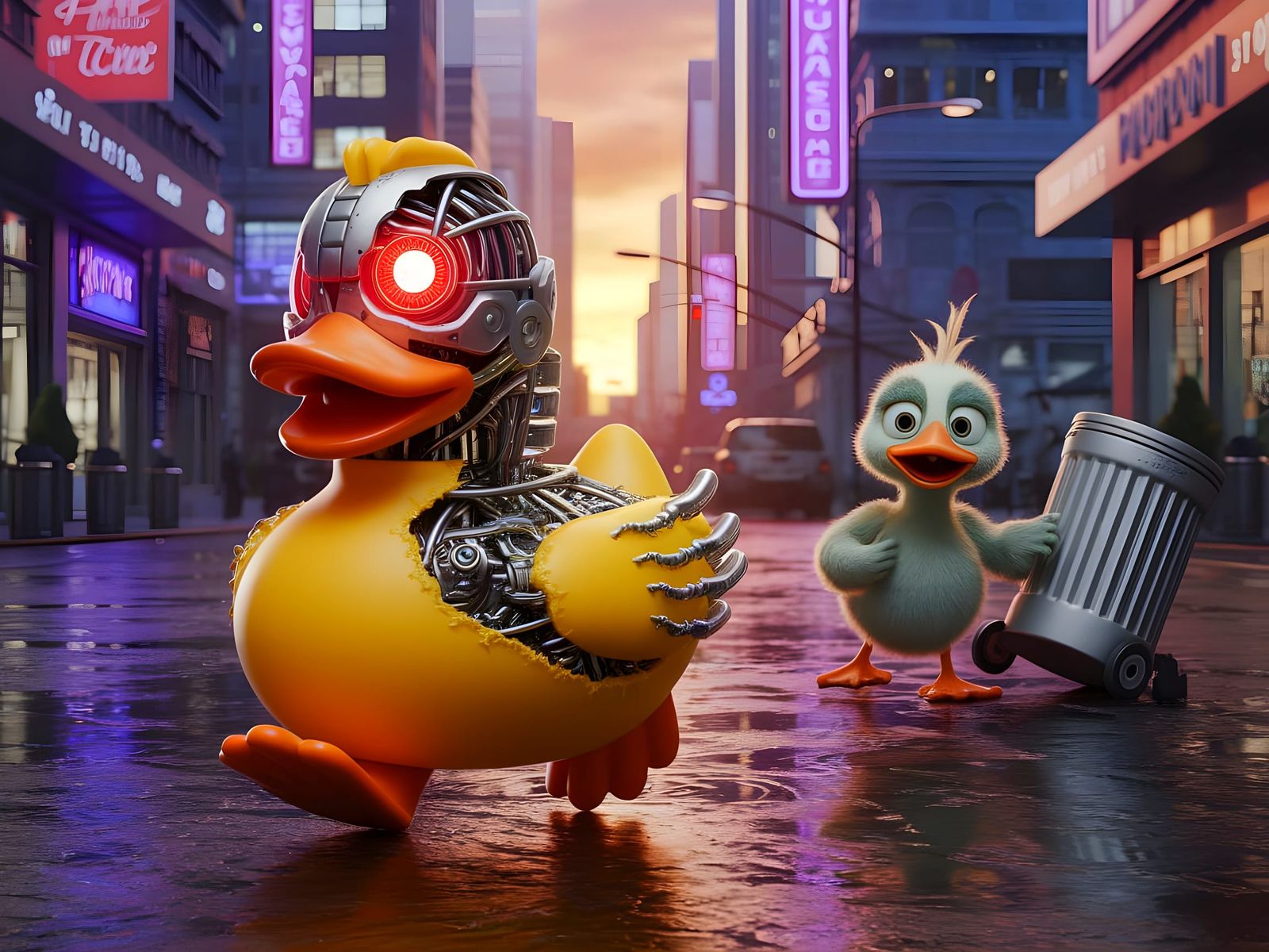 Heroic Rubber Duck Terminator Strolls Through Futuristic Cit...