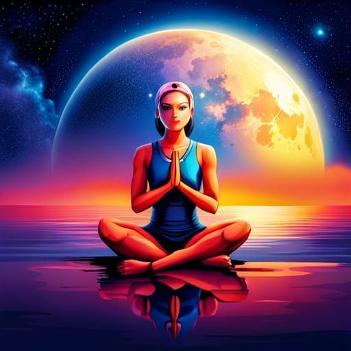 Robot Doing Yoga Under Sparkling Starry Sky