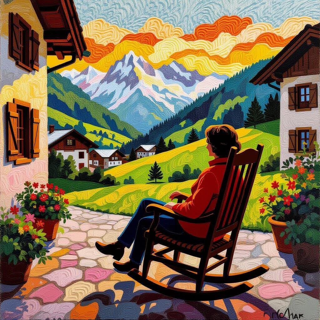 Tapestry Art: Joyful Silhouette in Swiss Courtyard
